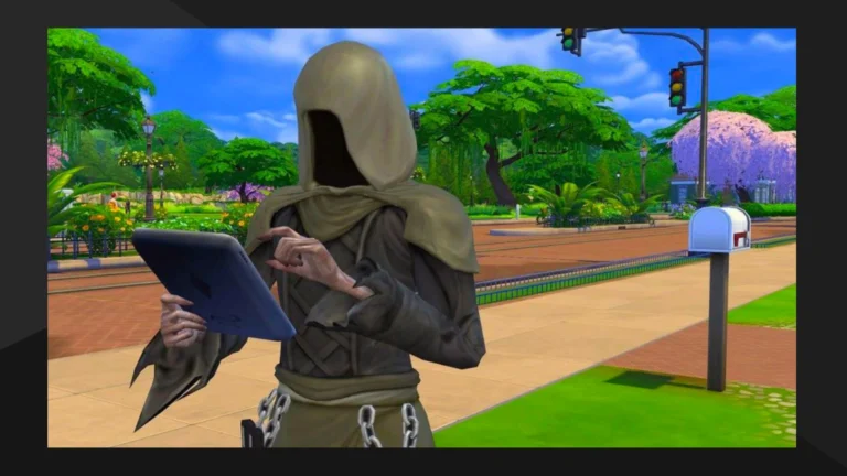 La Parca consultando una tableta en un barrio de Los Sims 4