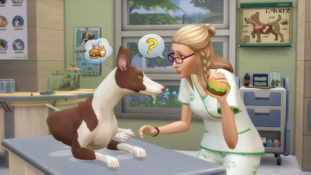 Veterinaria examinando a un perro en una clínica de Los Sims 4 Perros y Gatos