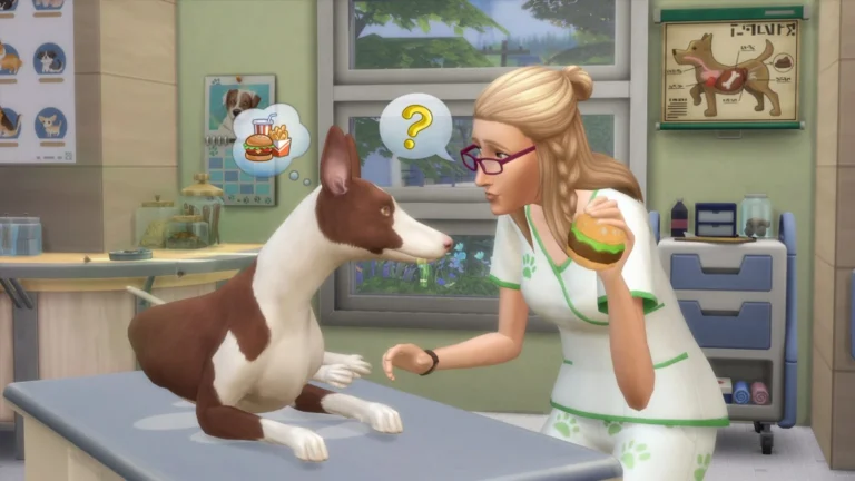Veterinaria examinando a un perro en una clínica de Los Sims 4 Perros y Gatos