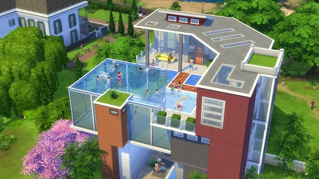 Casa moderna con piscina elevada y paredes acristaladas en Los Sims 4