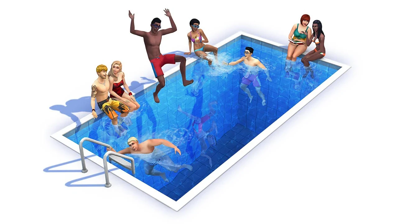 Grupo de Sims nadando y sentados junto a una piscina de Los Sims 4