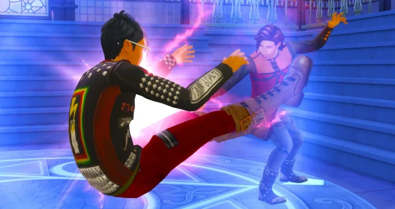 Dos hechiceros enfrentados en un duelo mágico de Los Sims 4