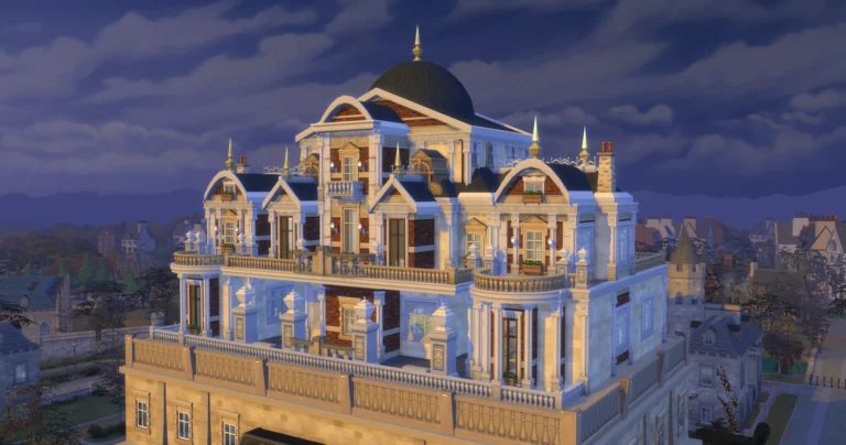 Residencia universitaria de Kate Emerald con fachada clásica y cúpula en Los Sims 4