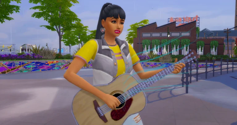 Sim con camiseta amarilla tocando la guitarra al aire libre en Los Sims 4 ¡Rumbo a la Fama!