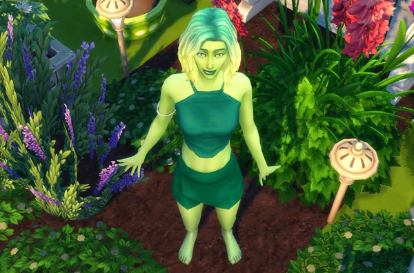 SimPlanta de piel verde en un jardín de Los Sims 4