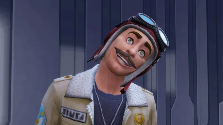 Sim con gorro de aviador y expresión de posesión en Los Sims 4 StrangerVille