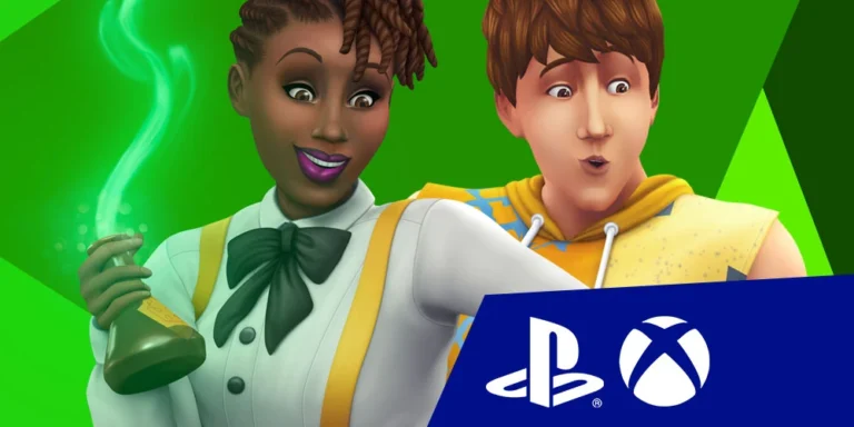 Dos Sims sobre fondo verde con los logotipos de PlayStation y Xbox