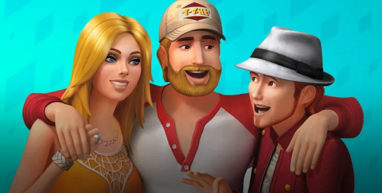 Tres Sims sonriendo juntos sobre fondo turquesa en Los Sims 4