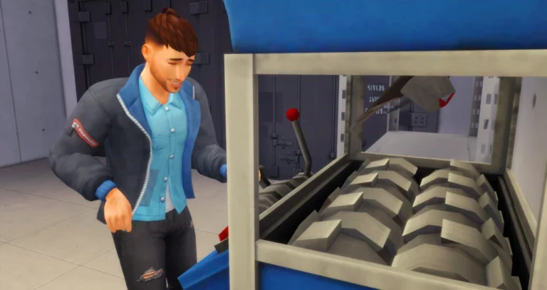 Sim usando una recicladora en Los Sims 4 Vida Ecológica