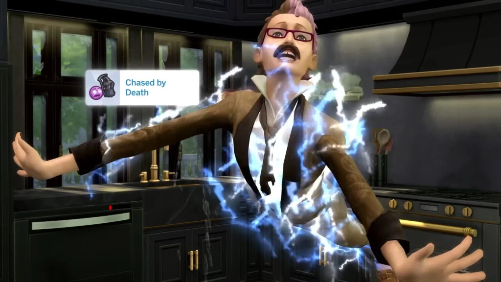 Sim recibiendo una descarga eléctrica junto al rasgo Perseguido por la muerte en Los Sims 4 Vida y Más Allá