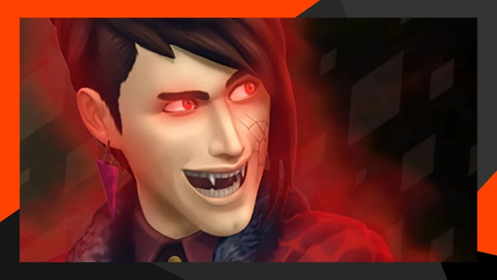 Vampiro de Los Sims 4 con ojos rojos y colmillos