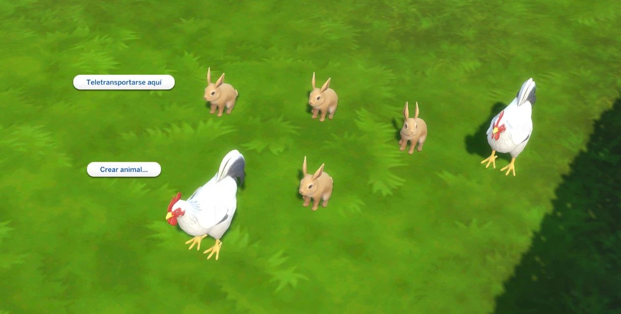 Gallinas y conejos creados con el menú de depuración de Vida en el Pueblo