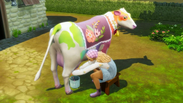Una Sim ordeñando una vaca de colores en Los Sims 4 Vida en el Pueblo