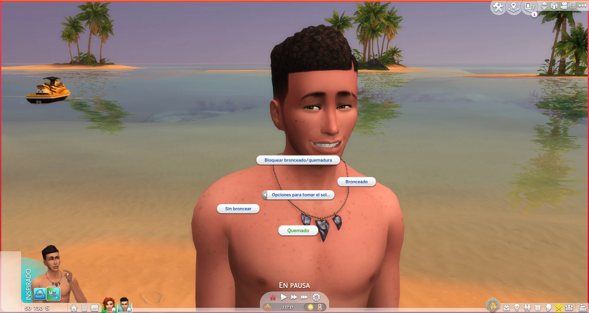 Sim con quemaduras de sol y menú de opciones de bronceado en Los Sims 4 Vida Isleña