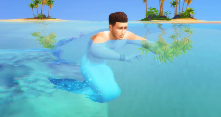 Tritón con cola azul nadando en el mar de Sulani en Los Sims 4 Vida Isleña
