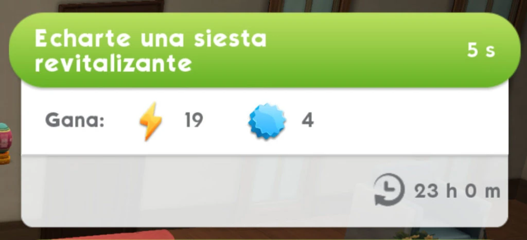Opción histórica de siesta para recuperar energía en Los Sims Móvil