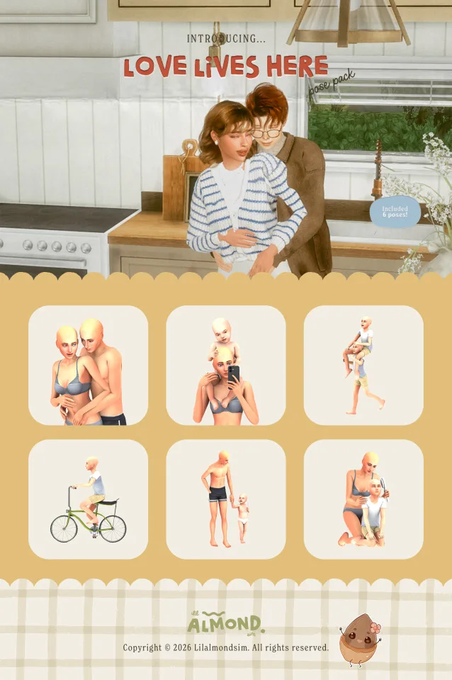 Vista previa de Love Lives Here ꒰𝑝𝑜𝑠𝑒 𝑝𝑎𝑐𝑘꒱, poses de lilalmondsim para Los Sims 4.
