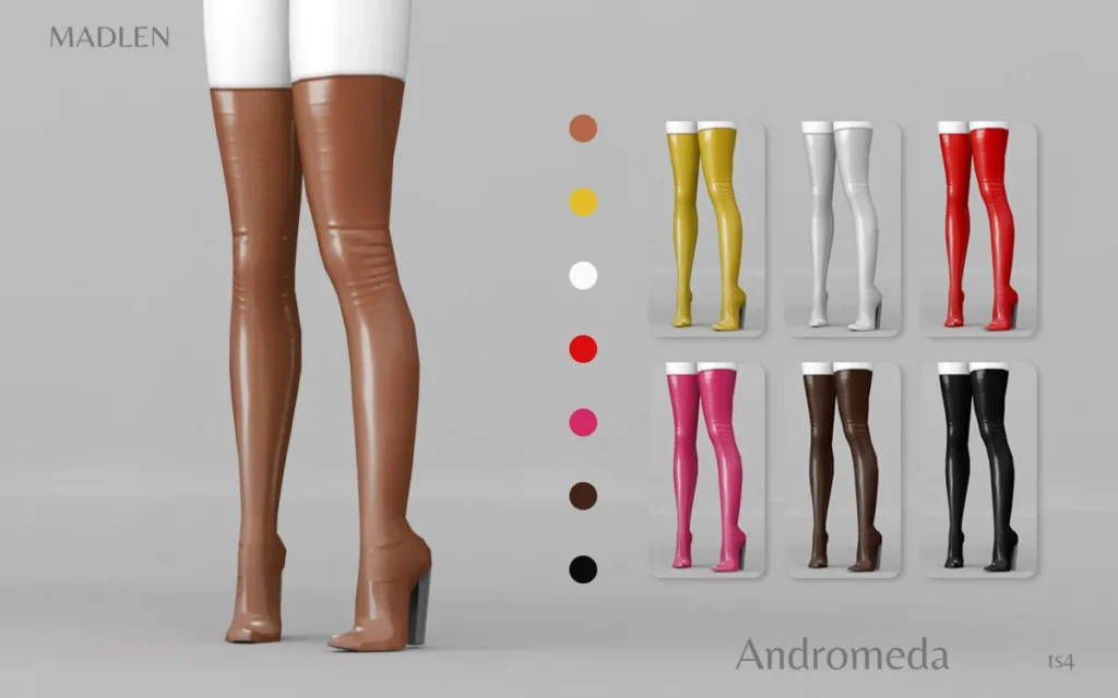 Vista previa de Madlen andromeda boots over the knee latex boots, zapatos de madlensims para Los Sims 4.