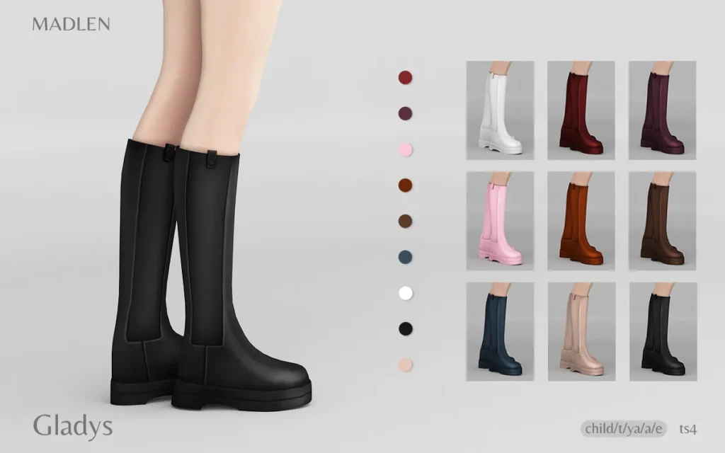 Vista previa de Madlen gladys boots knee high sleek riding boots, zapatos de madlensims para Los Sims 4.
