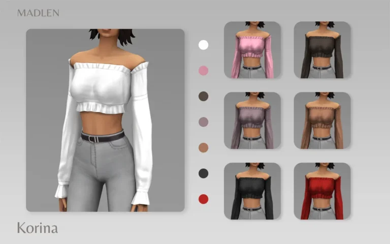 Vista previa de Madlen korina top long sleeve off shoulder shirt, ropa de madlensims para Los Sims 4.