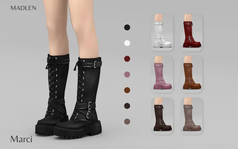 Vista previa de Madlen marci boots leather flat knee high boots, zapatos de madlensims para Los Sims 4.
