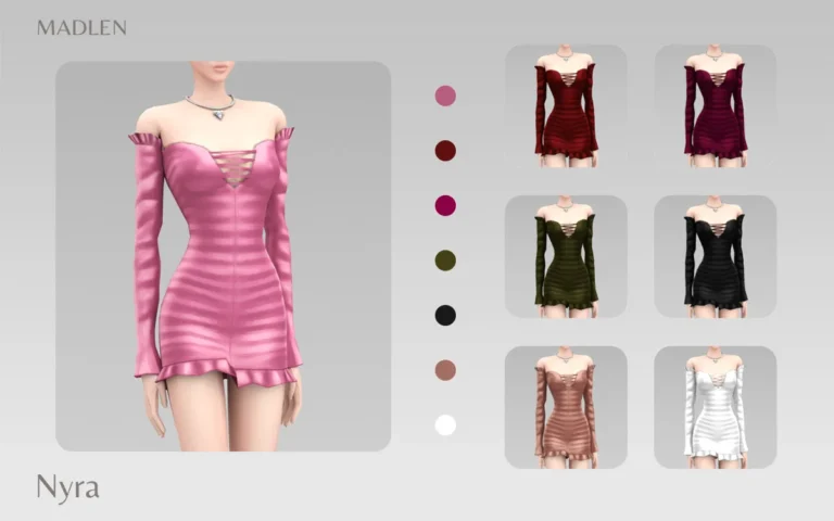 Vista previa de Madlen nyra vestido ruffled off shoulder mini, ropa de madlensims para Los Sims 4.