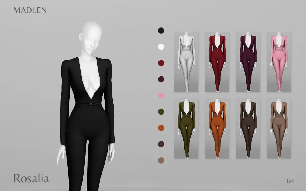 Vista previa de Madlen rosalia jumpsuit plunging v cut jumpsuit, ropa de madlensims para Los Sims 4.