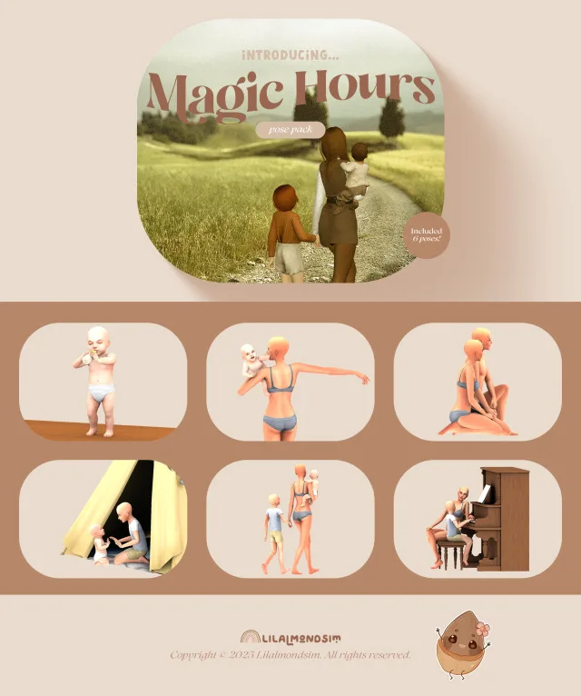 Vista previa de Magic Hours — 𝒑𝒐𝒔𝒆 𝒑𝒂𝒄𝒌 𝒘𝒊𝒕𝒉 𝒊𝒏𝒇𝒂𝒏𝒕𝒔!, poses de lilalmondsim para Los Sims 4.