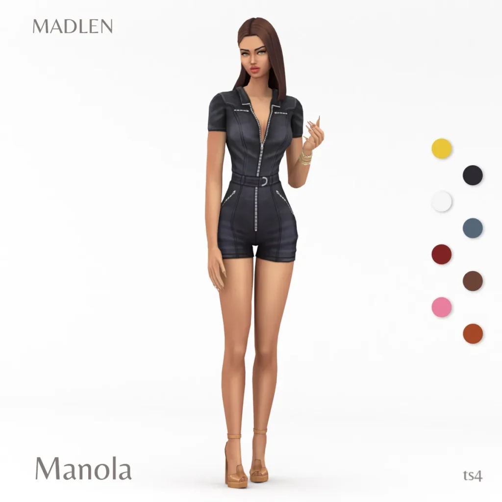 Vista previa de Manola conjunto leather zip up romper, ropa de madlensims para Los Sims 4.