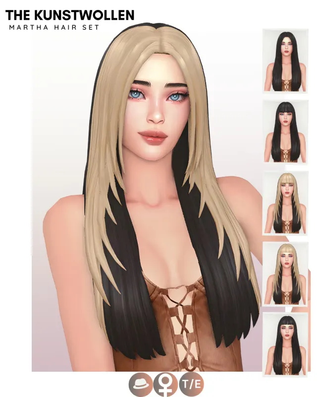 Martha: cabello en 6 versiones de The Kunstwollen para Los Sims 4.