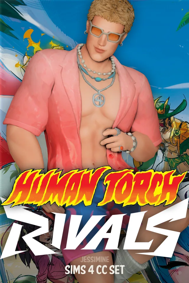 Vista previa de Marvel Rivals Human Torch Swimsuit Special CC Set - 7 ITEMS, crear un sim de jessiminesims para Los Sims 4.