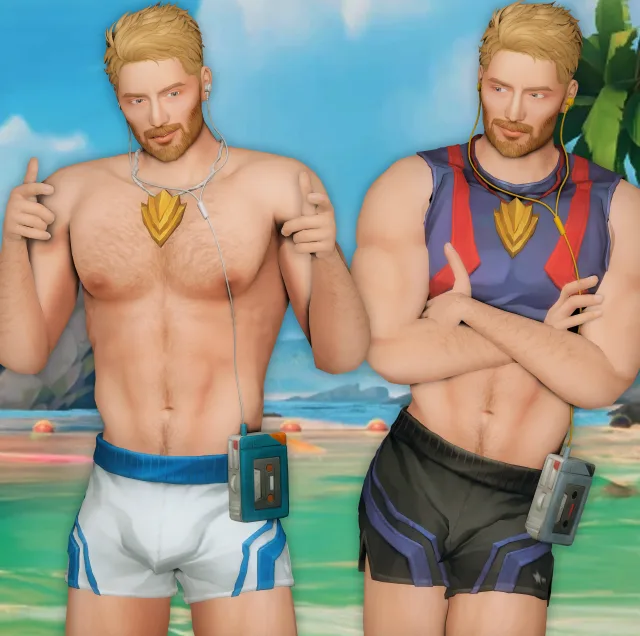 Vista previa de Marvel Rivals Star Lord Swimsuit Special CC set - Top, Shorts, sandalias, zapatos de jessiminesims para Los Sims 4.