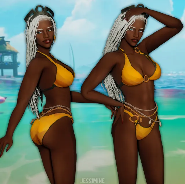 Vista previa de Marvel Rivals Storm Swimsuit Special CC Set - Crown, Earrings, Waist Chain, Swimsuit, accesorios de jessiminesims para Los Sims 4.