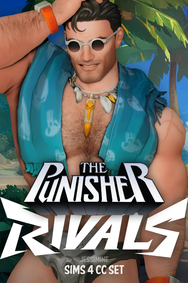 Vista previa de Marvel Rivals The Punisher Swimsuit Special CC Set - 6 ITEMS, crear un sim de jessiminesims para Los Sims 4.
