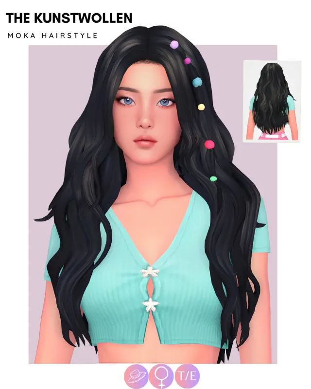 Moka: cabello largo ondulado de The Kunstwollen para Los Sims 4.