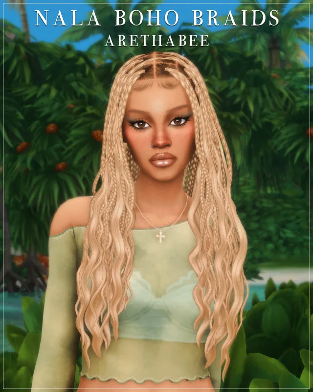 Vista previa de Nala boho braids, cabello de arethabee para Los Sims 4.