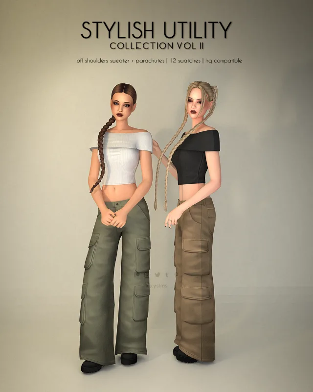 Vista previa de Off Shoulders Sweater + Parachutes - Stylish Utility colección II, ropa de luxysims para Los Sims 4.