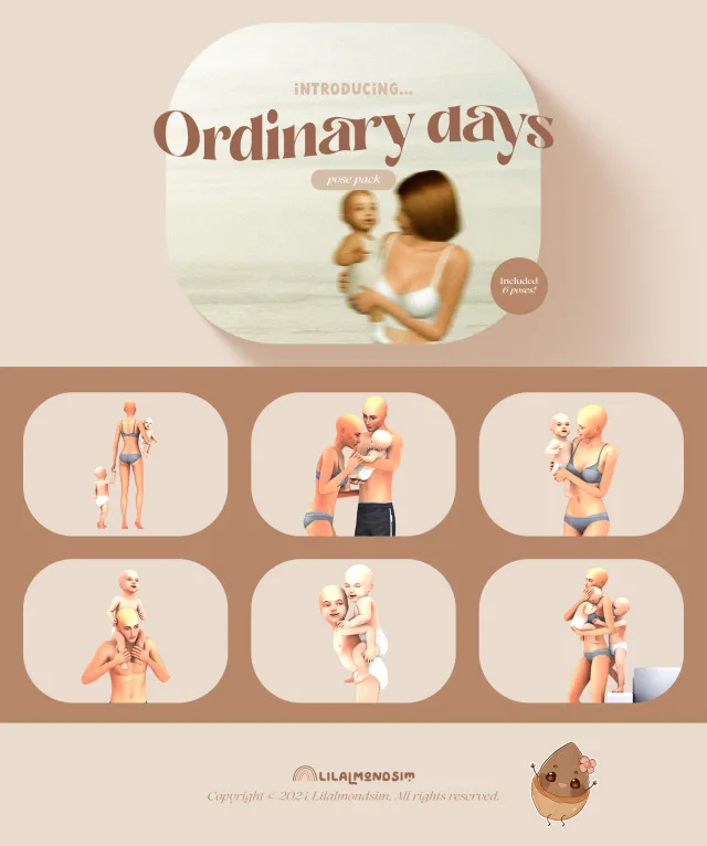 Vista previa de Ordinary days — 𝒑𝒐𝒔𝒆 𝒑𝒂𝒄𝒌 𝒘𝒊𝒕𝒉 𝒊𝒏𝒇𝒂𝒏𝒕𝒔!, poses de lilalmondsim para Los Sims 4.