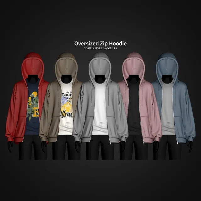 Vista previa de Oversized Zip Hoodie, crear un sim de gorillax3-cc para Los Sims 4.