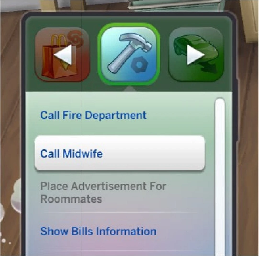 Opción del teléfono para llamar a la partera en Los Sims 4