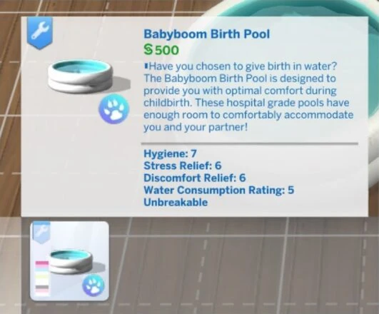 Piscina de parto Babyboom en el catálogo de Los Sims 4