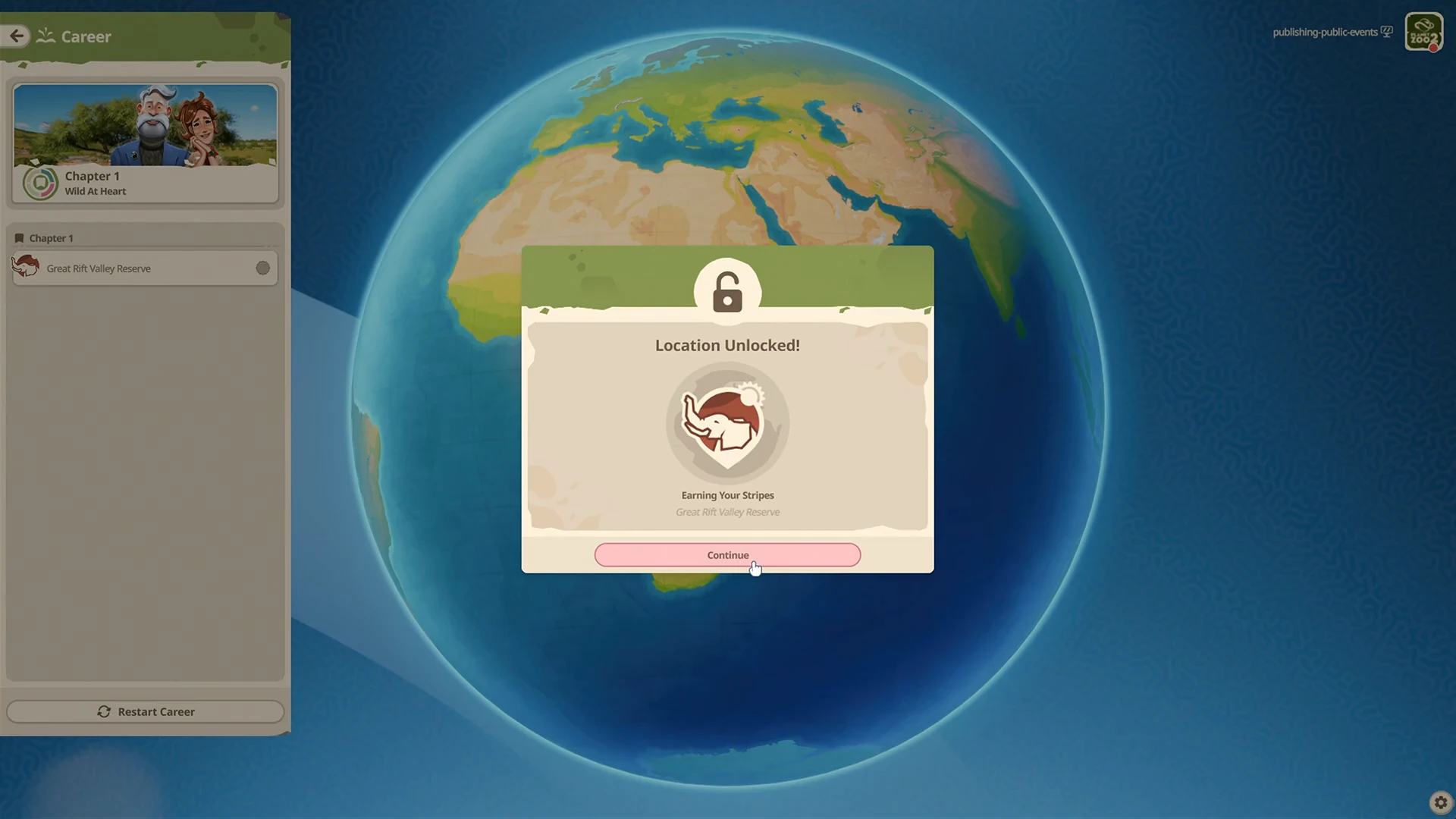 Mapa de Carrera con el desbloqueo de Great Rift Valley Reserve.