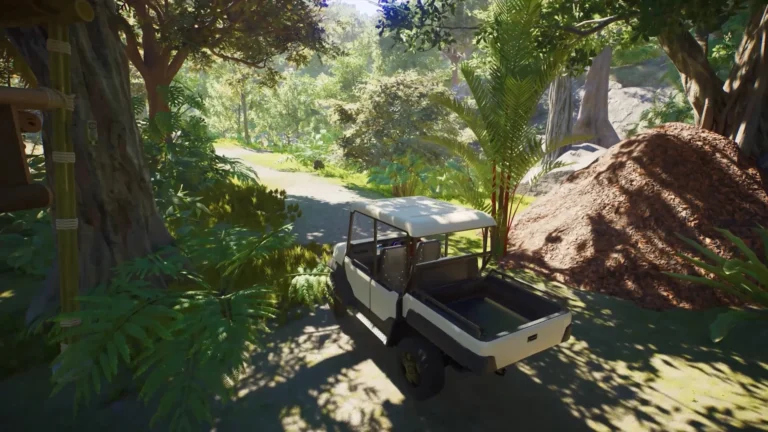 Vehículo de investigación de Planet Zoo 2 recorriendo un sendero entre árboles, vegetación tropical y rocas.
