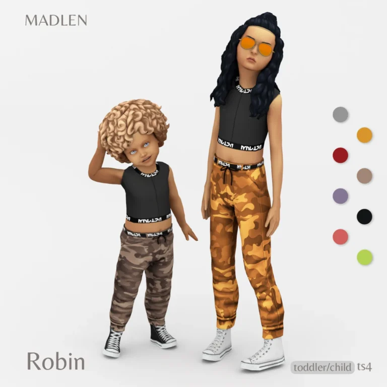 Vista previa de Robin conjunto stylish camo conjunto for kids, ropa de madlensims para Los Sims 4.