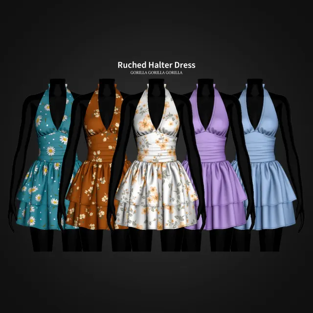 Vista previa de Ruched Halter vestido, ropa de gorillax3-cc para Los Sims 4.