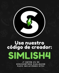 Gráfico de Simlish4 que invita a usar el código de creador SIMLISH4 y anuncia un 5% de descuento.