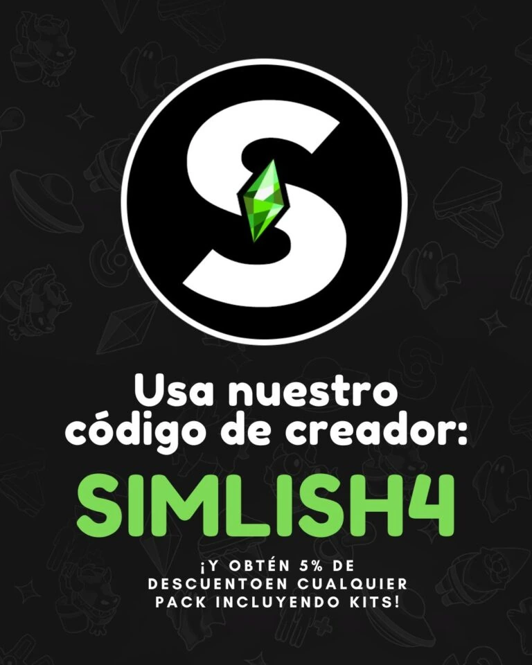 Gráfico de Simlish4 con el código de creador SIMLISH4 y un mensaje de 5% de descuento.