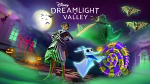 Oogie Boogie, Zero y un avatar rodeados de murciélagos, calabazas y decoraciones de Halloween en Disney Dreamlight Valley.