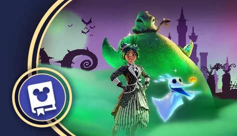 Oogie Boogie, una figura con vestido de Halloween y Zero en el arte oficial de Días aterradores.