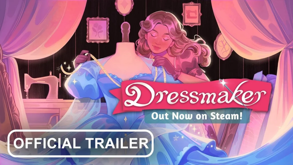 Costurera ajusta un vestido azul en un maniquí junto al título Dressmaker y el anuncio de su llegada a Steam